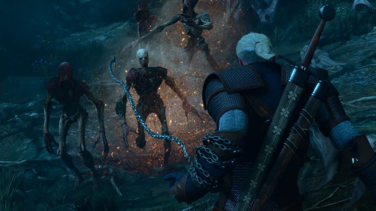 Geralt de Riv utilisant la nouvelle chaîne d'argent contre un chevalier enraciné dans Songs of the Past